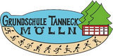 Logo der Grundschule Tanneck Mölln mit blauer Form, schwarzer Schrift, zwei grünen Tannen, einem roten Schulgebäude und laufenden Kindern am unteren Rand.